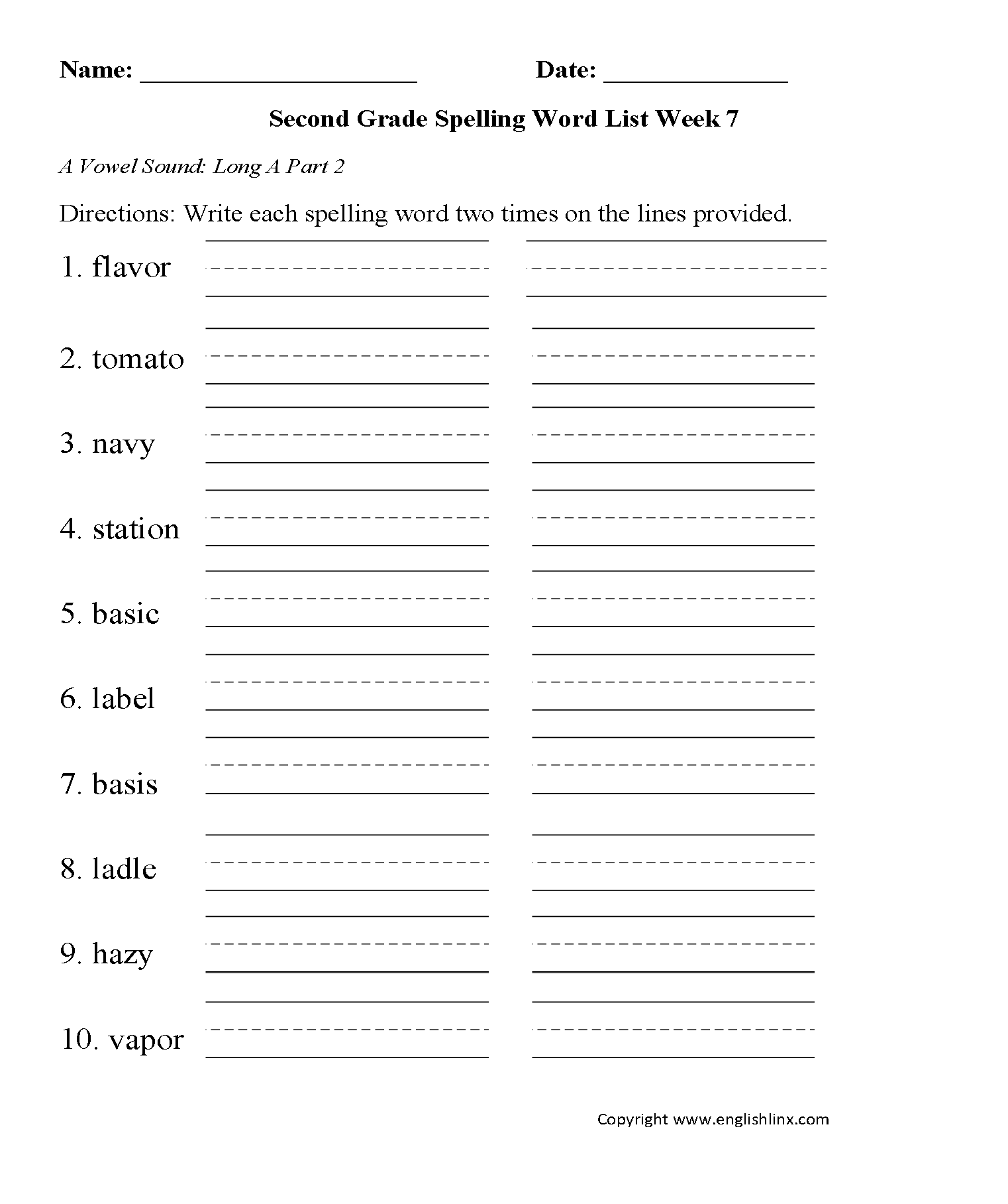 Week 7 Long A Vowel 2 Second Grade Spelling Words Worksheets
